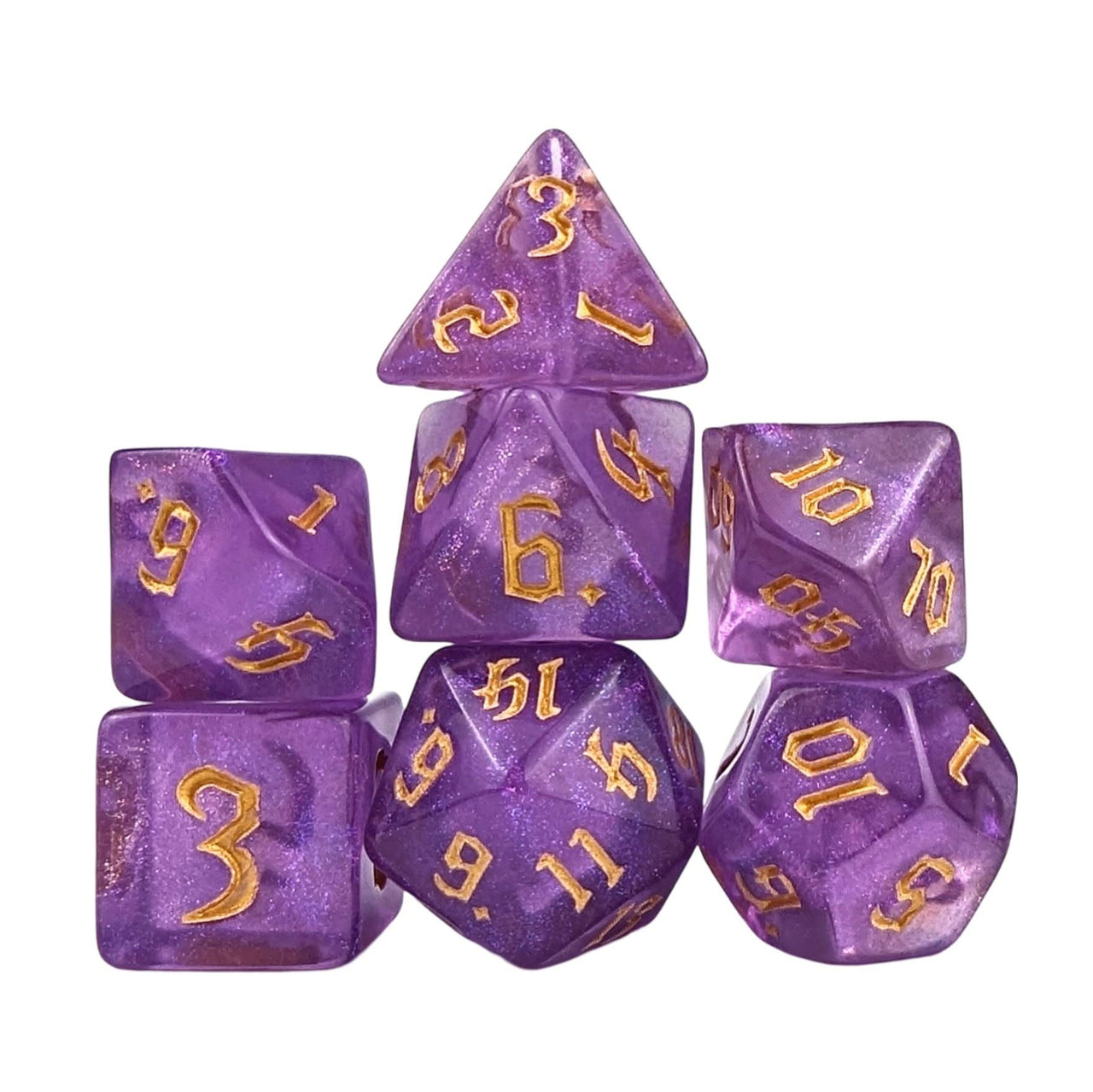 Glitter in Purple Acrylic - 7pcs RPG Full Dice Set White Stack