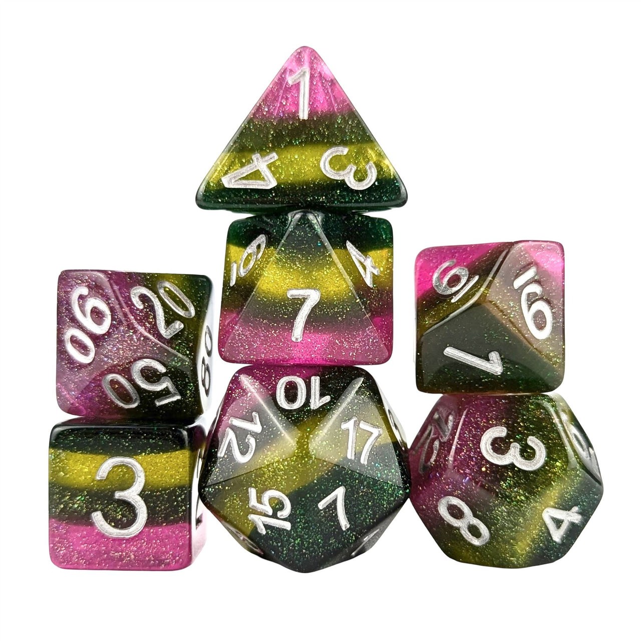 Glitter Purple, Yellow & Green Resin - 7pcs RPG Full Dice Set