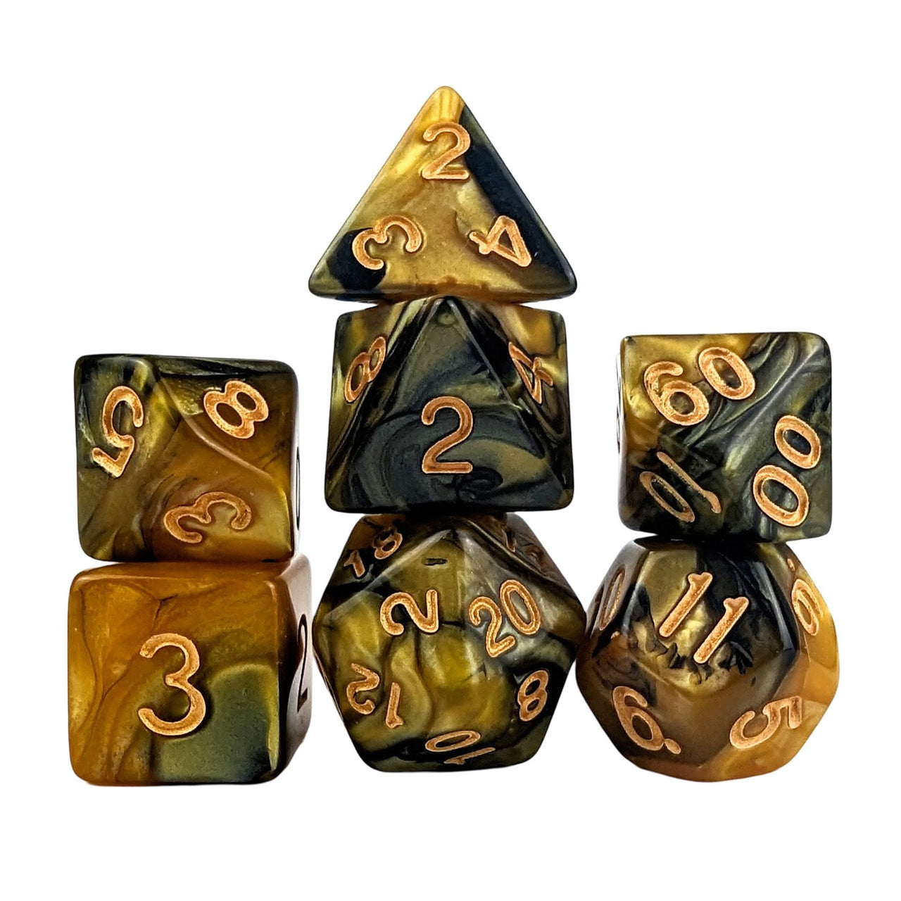 Blend of Black & Gold Acrylic - 7pcs RPG Full Dice Set White Stack