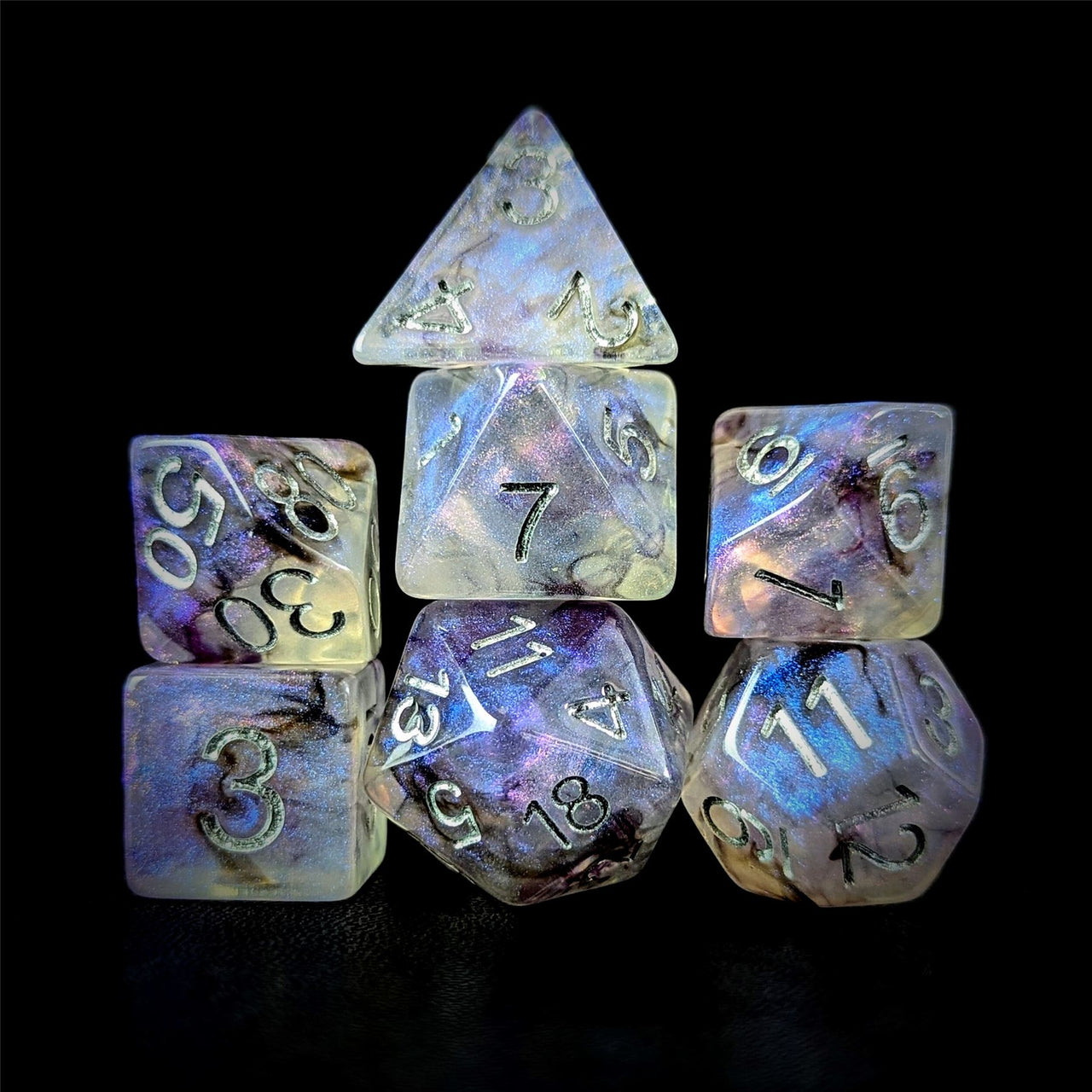 Glitter in Purple & White Resin - 7pcs RPG Full Dice Set