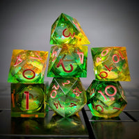 Thumbnail for 7pcs Dice Sharp Filled Liquid Pink Font Brown Green