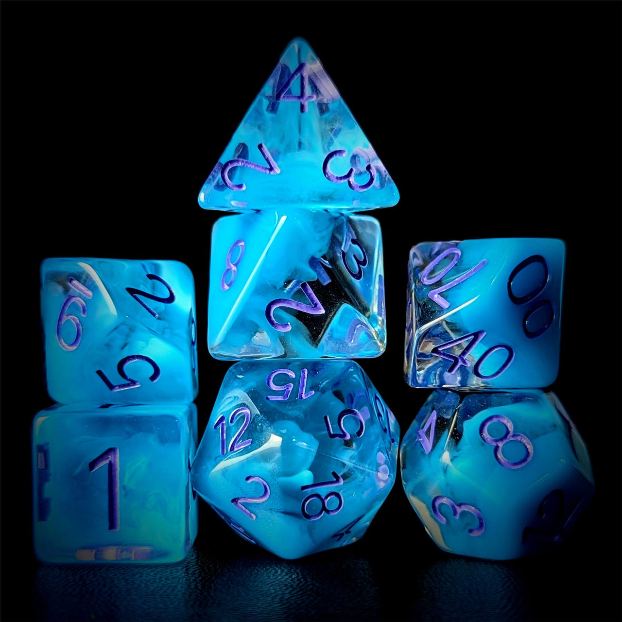 Sky Blue Swirl in Clear Resin - 7pcs RPG Full Dice Set