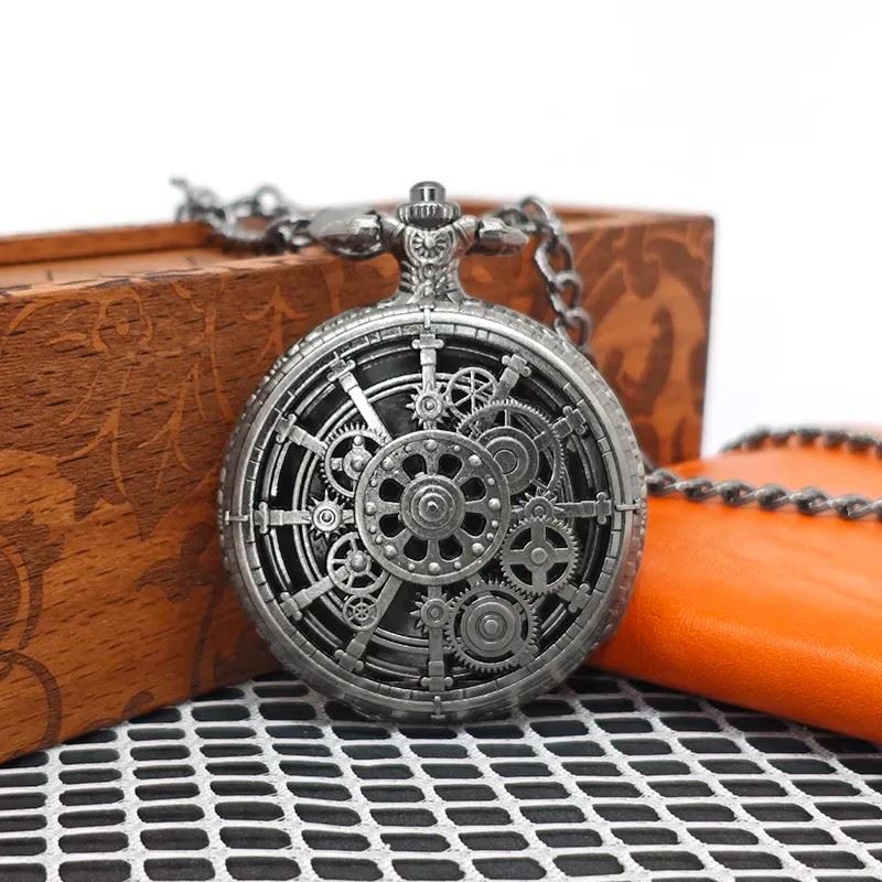 Cog Wheel on Silver Pocket Watch with Mini Dice - Pendant