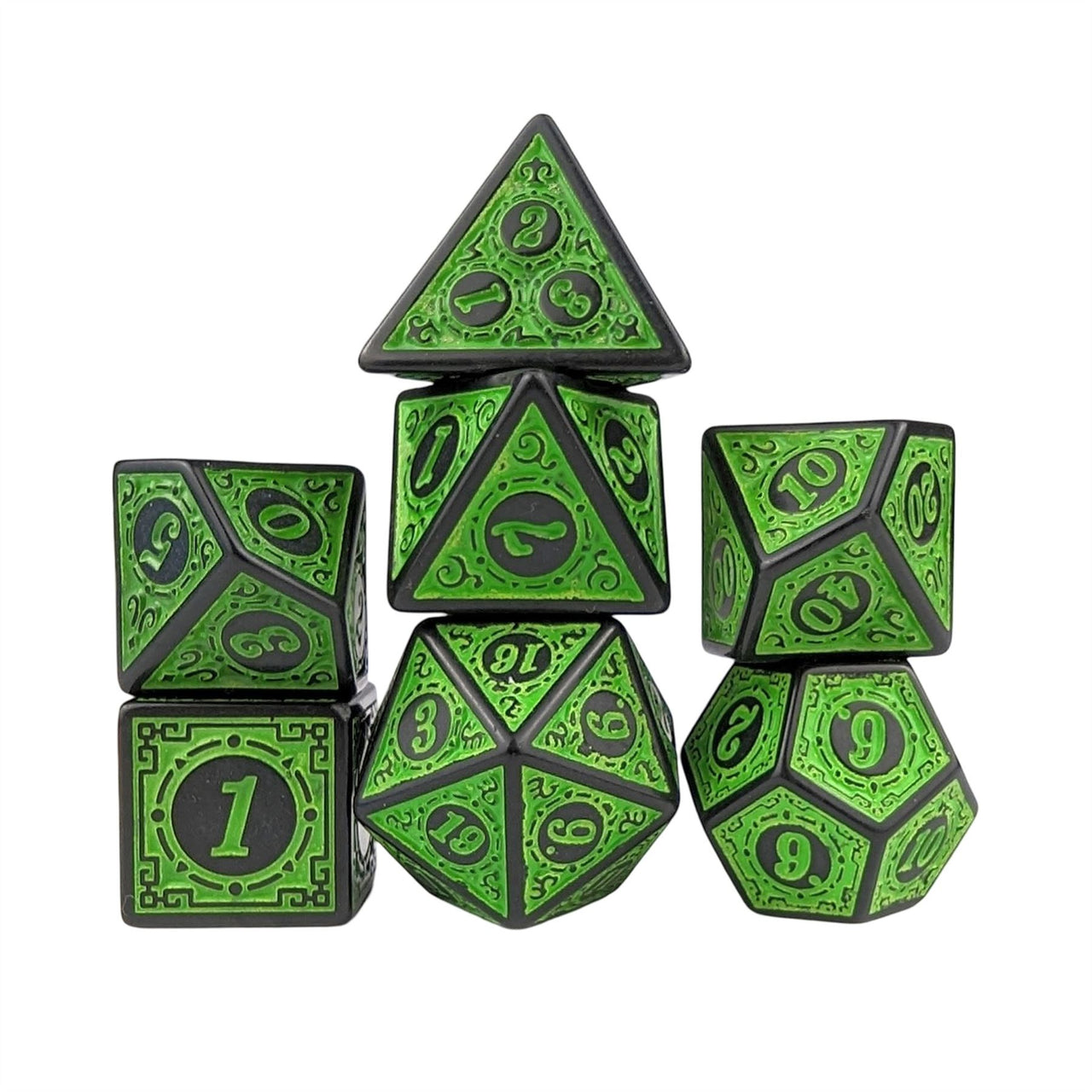 Green Lattice on Black Acrylic - 7pcs RPG Full Dice Set White Stack