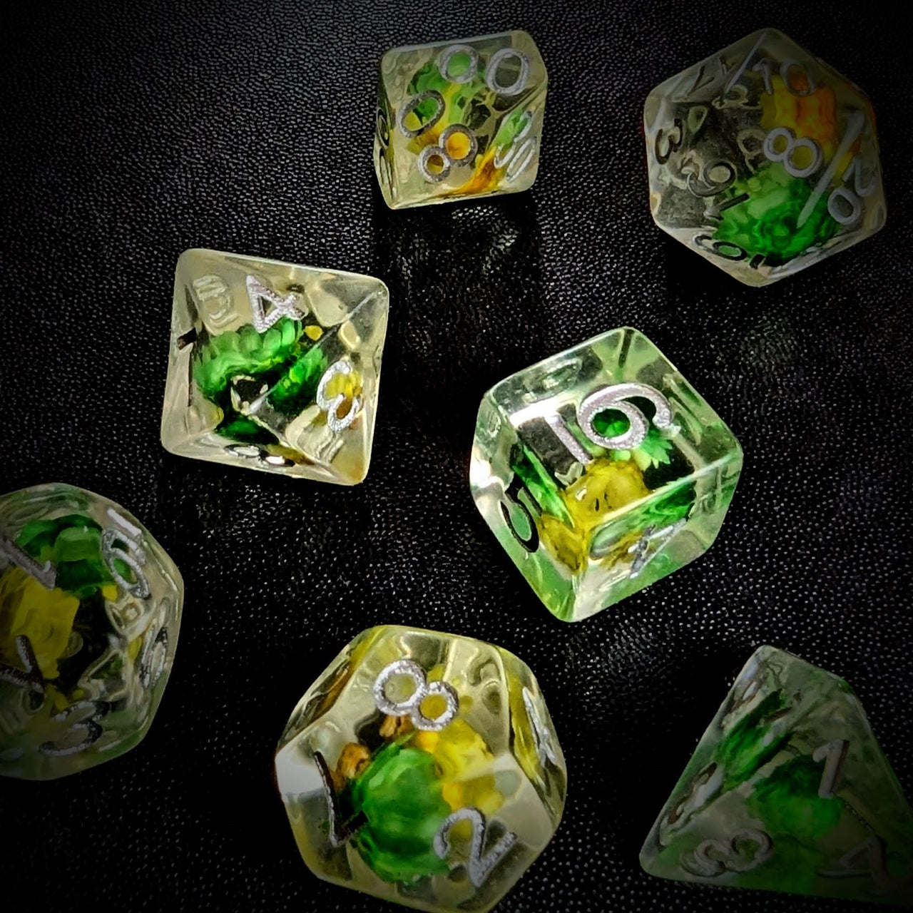 Yellow & Green Flowers in Clear Resin - 7pcs RPG Full Dice Set