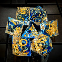 Thumbnail for Blue Swirl in Clear with Gold Foil Sharp Resin - 7pcs RPG Dice Set