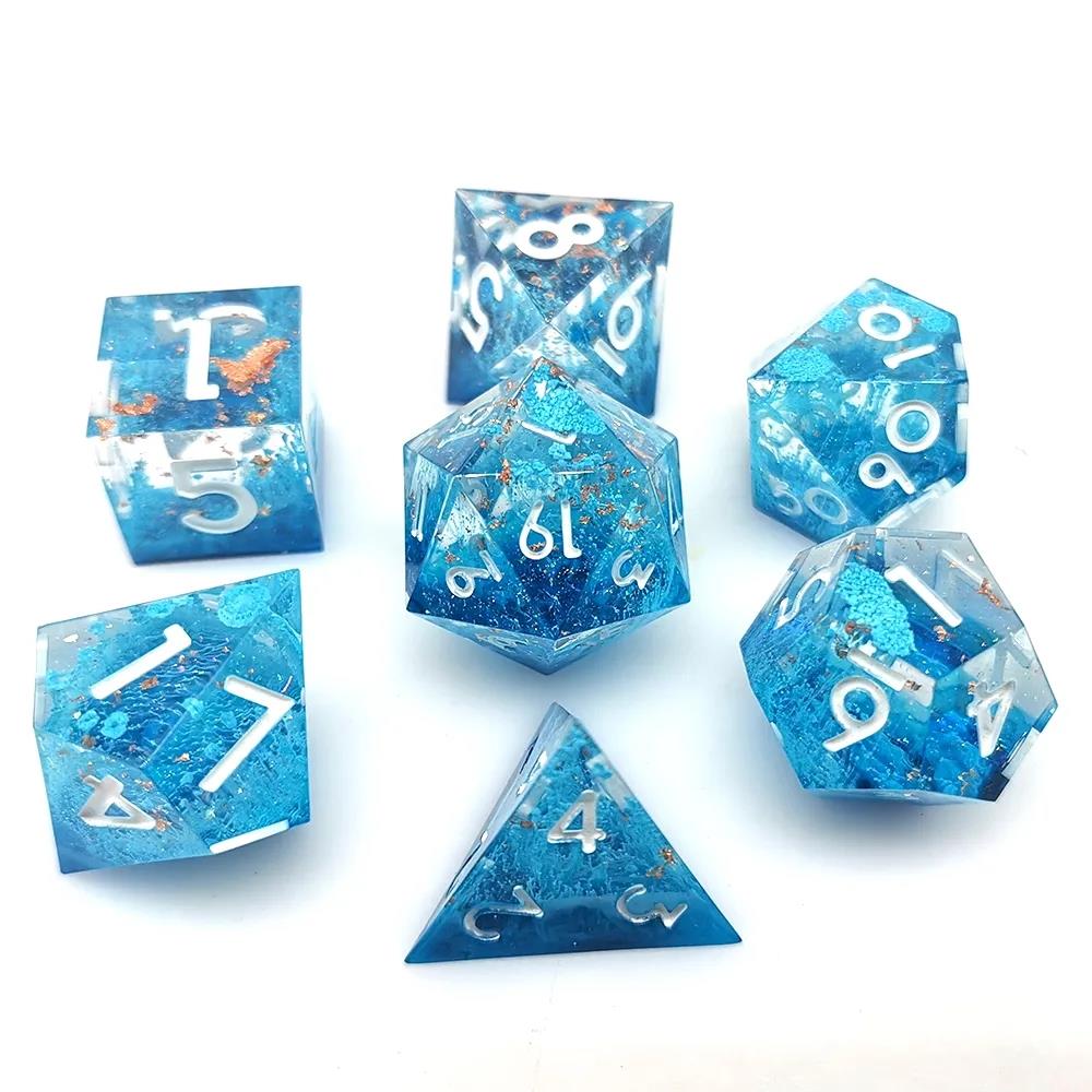 Blue Swirl in Clear with Copper Foil Sharp Resin - 7pcs RPG Dice Set