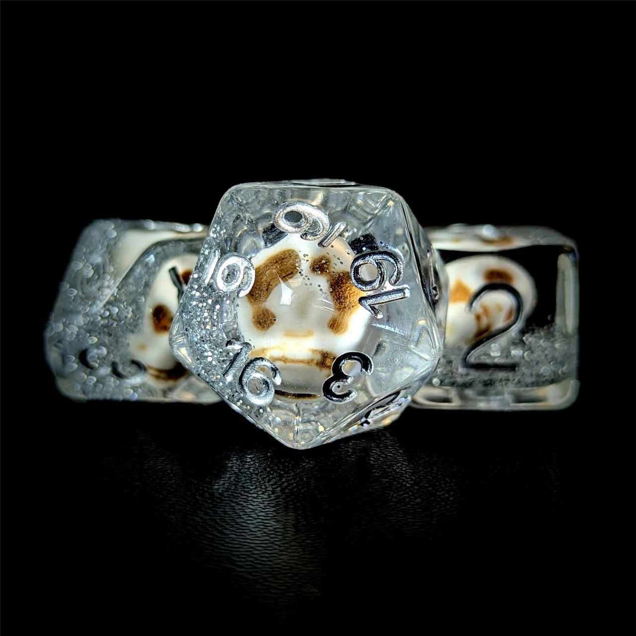 Skull & Silver Glitter in Clear Resin - 7pcs RPG Full Dice Set