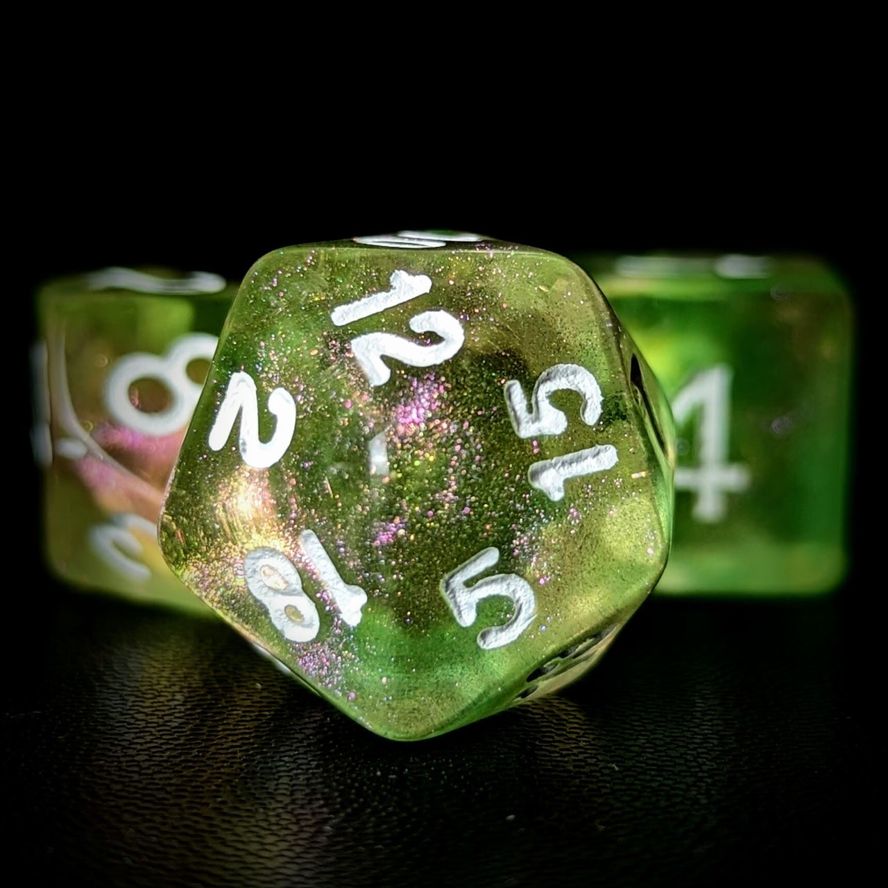 Glitter in Green & Yellow in Clear Acrylic - 7pcs RPG Full Dice Set Close