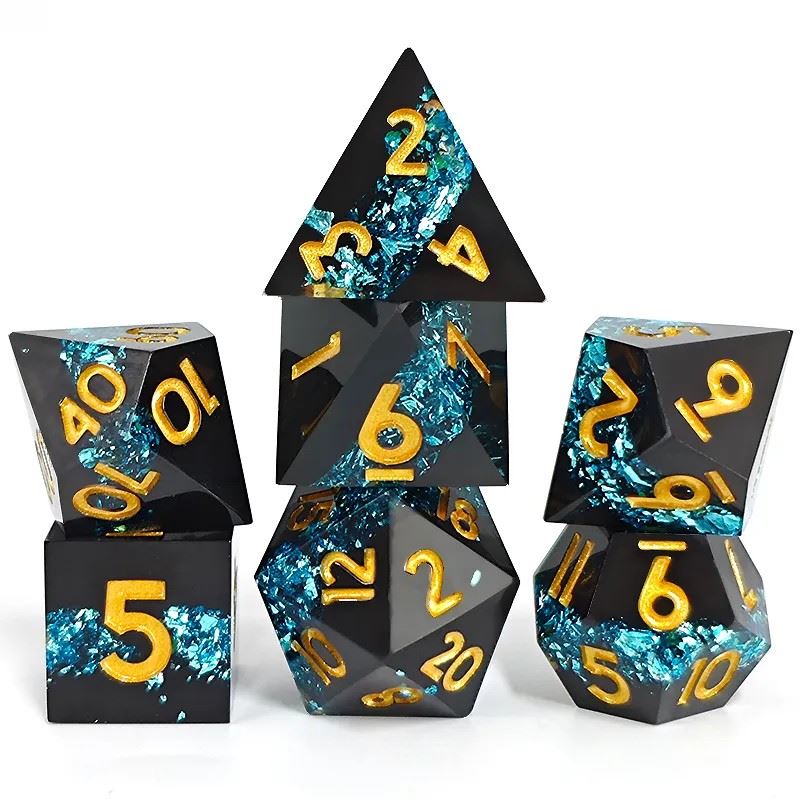 Blue Band in Black Filled Sharp Resin - 7pcs RPG Dice Set