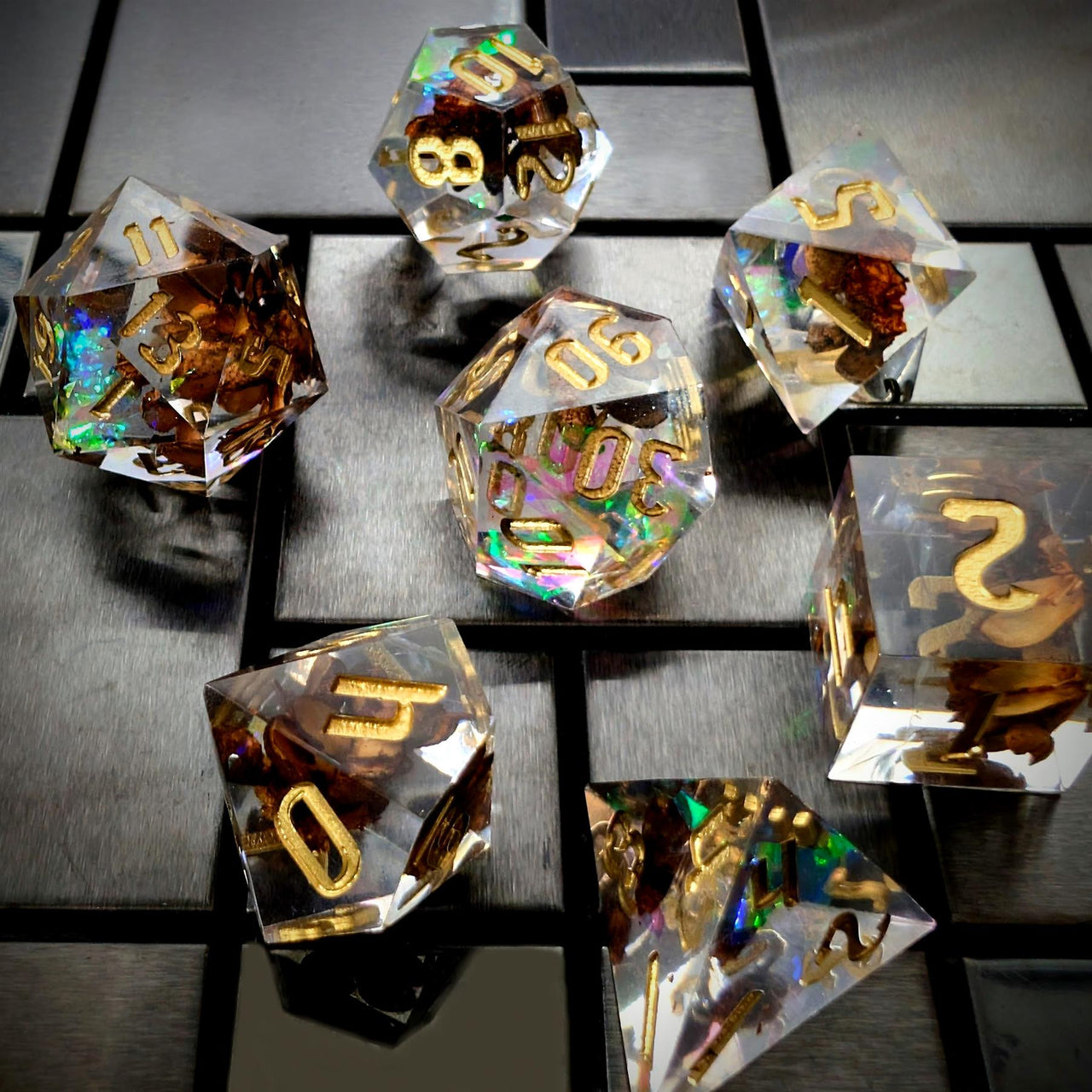 Spice in Clear Filled Sharp Resin - 7pcs RPG Dice Set