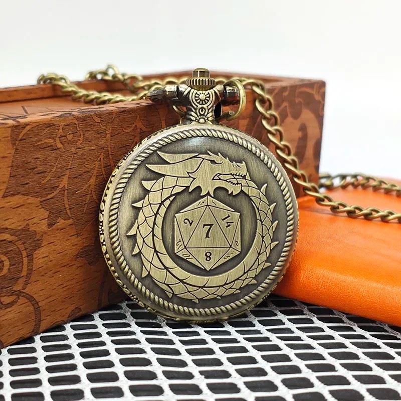 Dragon on Bronze Pocket Watch with Mini Dice - Pendant