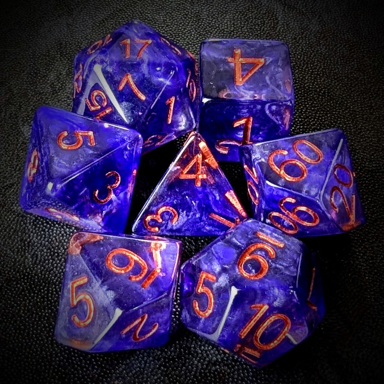 Purple Swirl in Clear Resin - 7pcs RPG Full Dice Set