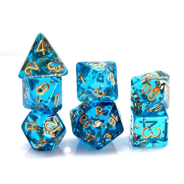 Gold Foil in Clear & Blue Resin - 7pcs RPG Full Dice Set