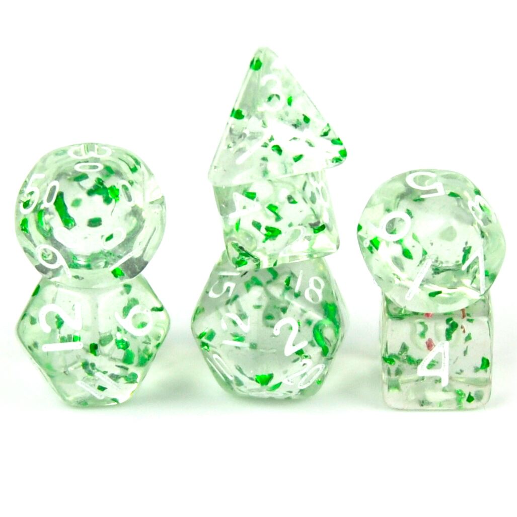 Glitter in Clear & Green Acrylic - 7pcs RPG Mini Dice Set