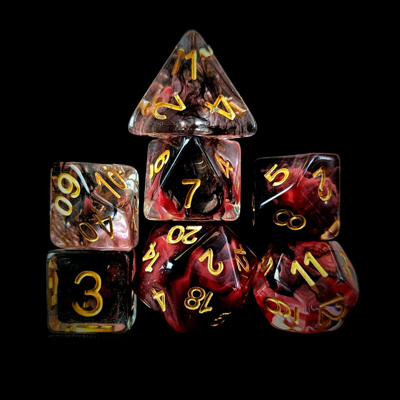 Black & Red Swirl in Clear Resin - 7pcs RPG Full Dice Set