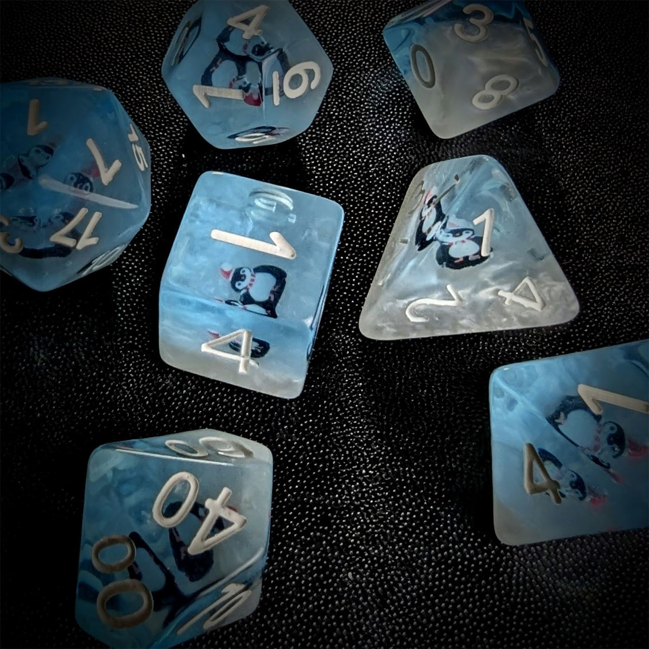 Penguin in Clear & Blue Resin - 7pcs RPG Full Dice Set
