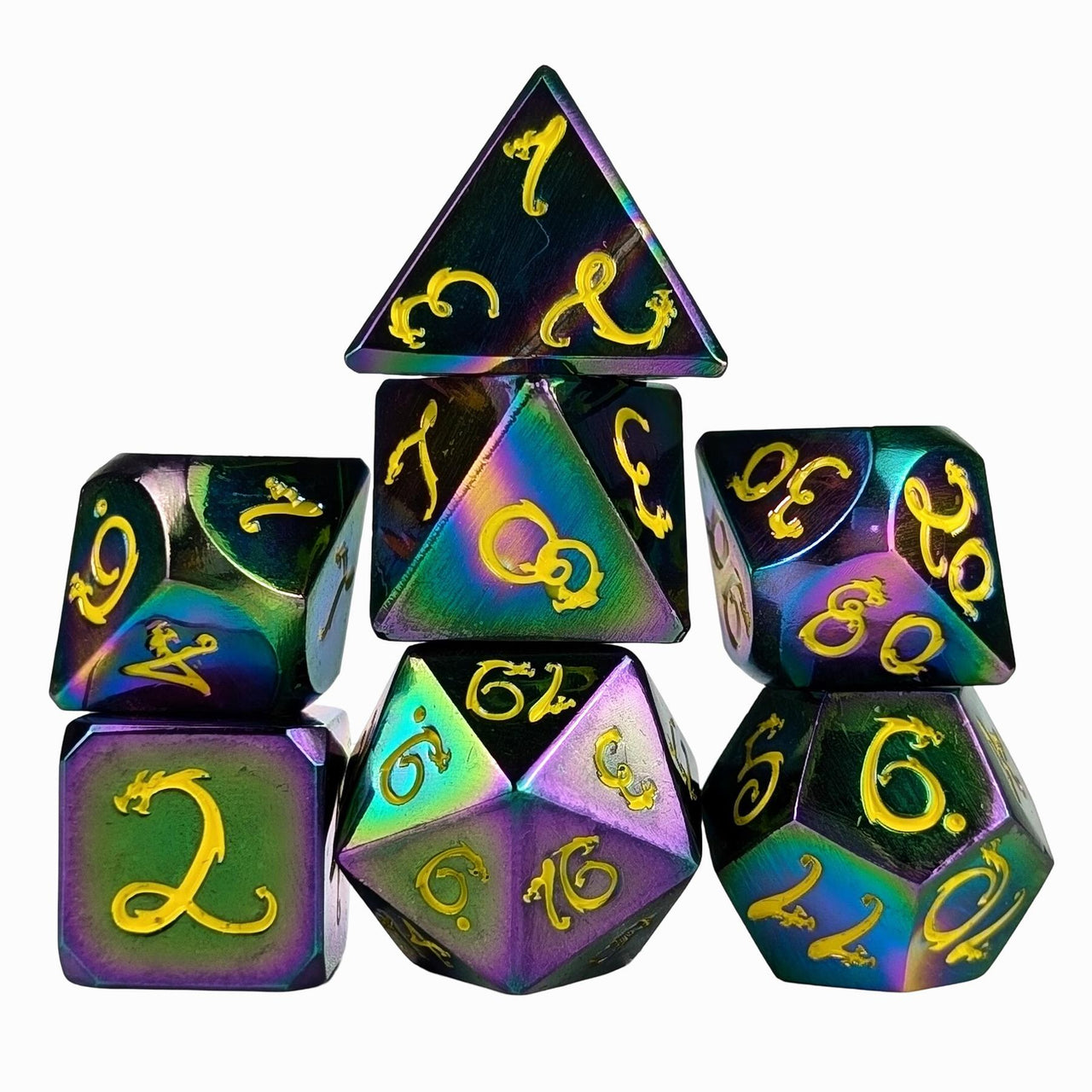Rainbow Metal with Yellow Dragon Font - 7pcs RPG Dice Set