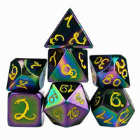Thumbnail for Rainbow Metal with Yellow Dragon Font - 7pcs RPG Dice Set