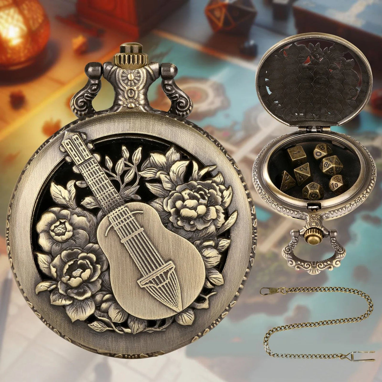 Guitar on Bronze Pocket Watch with Mini Dice - Pendant