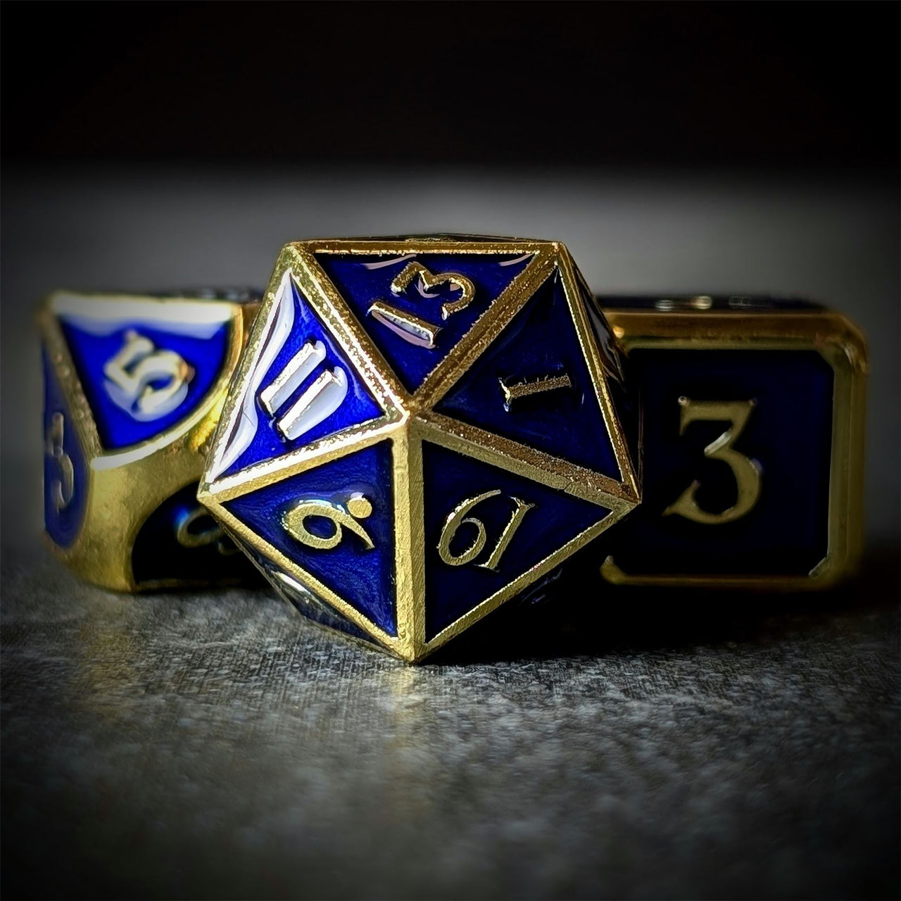 Blue Enamel in Gold Metal - 7pcs RPG Dice Set