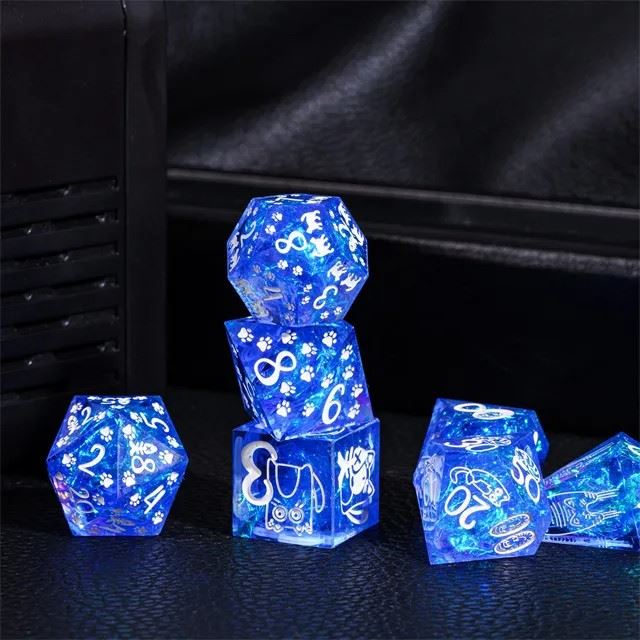 Cats on Blue with Candy Sharp Resin - 7pcs RPG Dice Set