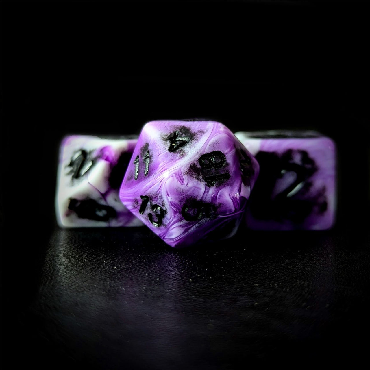 Washed Purple on White Acrylic - 7pcs RPG Full Dice Set Close