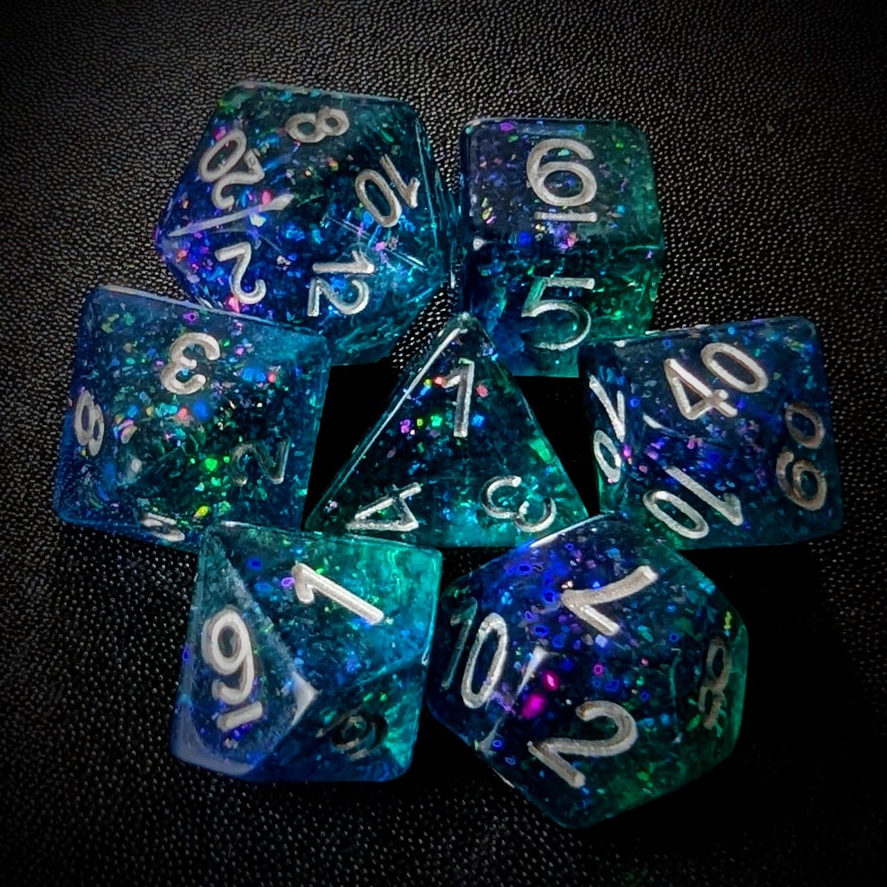 Glitter in Blue & Green Resin - 7pcs RPG Full Dice Set