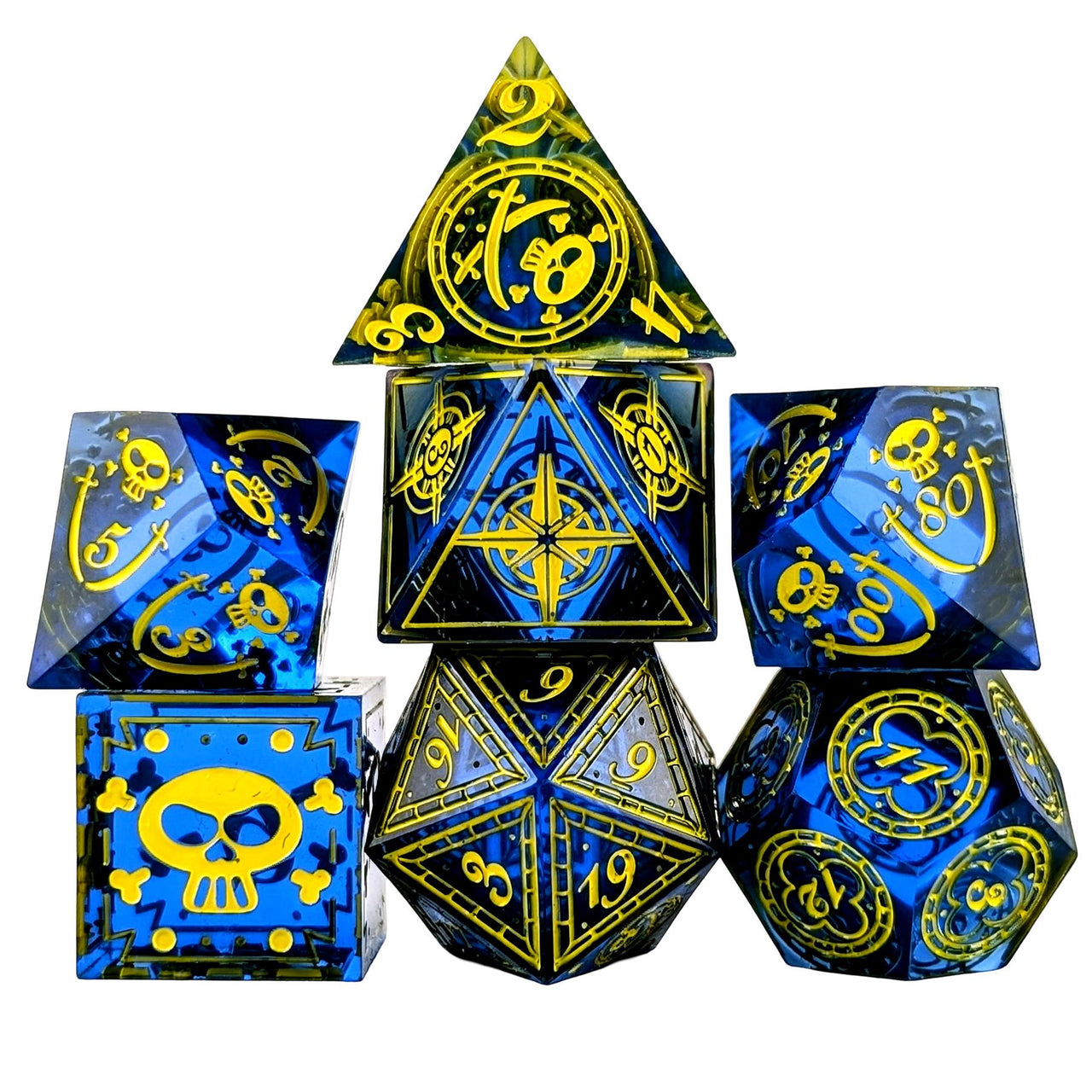7pcs Dice Sharp Candy Pirate Pattern Yellow Font Blue