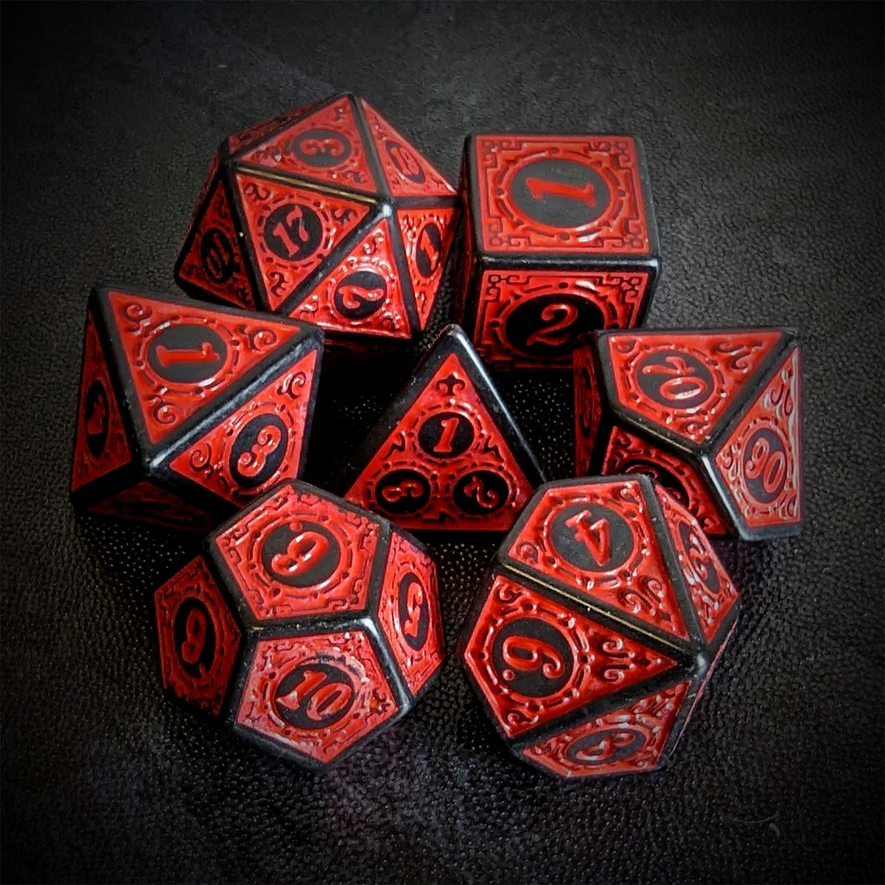 Red Lattice on Black Acrylic - 7pcs RPG Full Dice Set Top