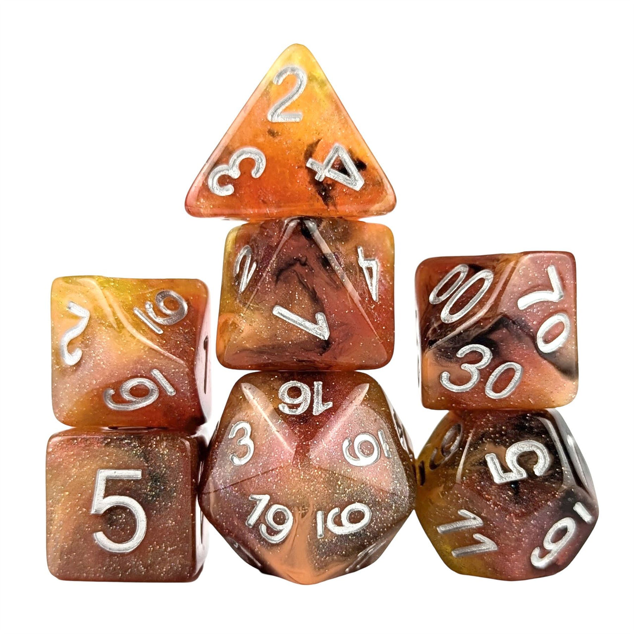 Glitter in Orange & Brown with Gold Resin - 7pcs RPG Full Dice Set