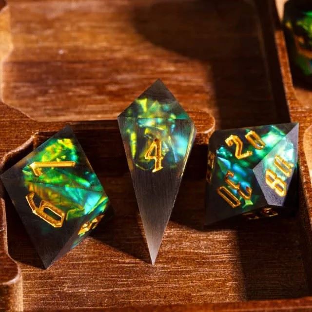 Green Candy in Frosted Black Sharp Resin - 7pcs RPG Dice Set