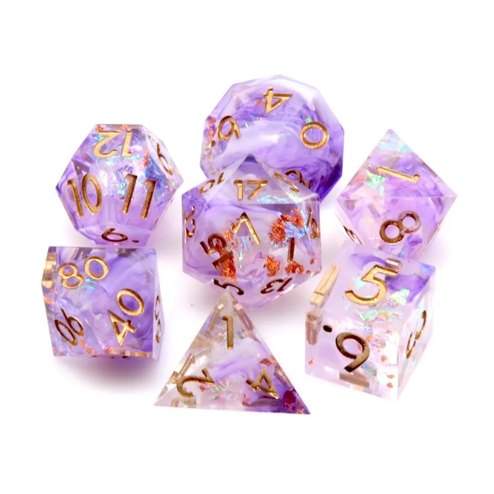 Purple Swirl in Clear with Copper Candy Sharp Resin - 7pcs RPG Dice Set