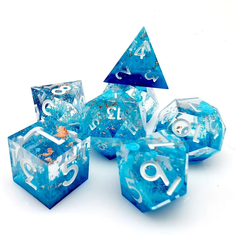 Blue Swirl in Clear with Copper Foil Sharp Resin - 7pcs RPG Dice Set