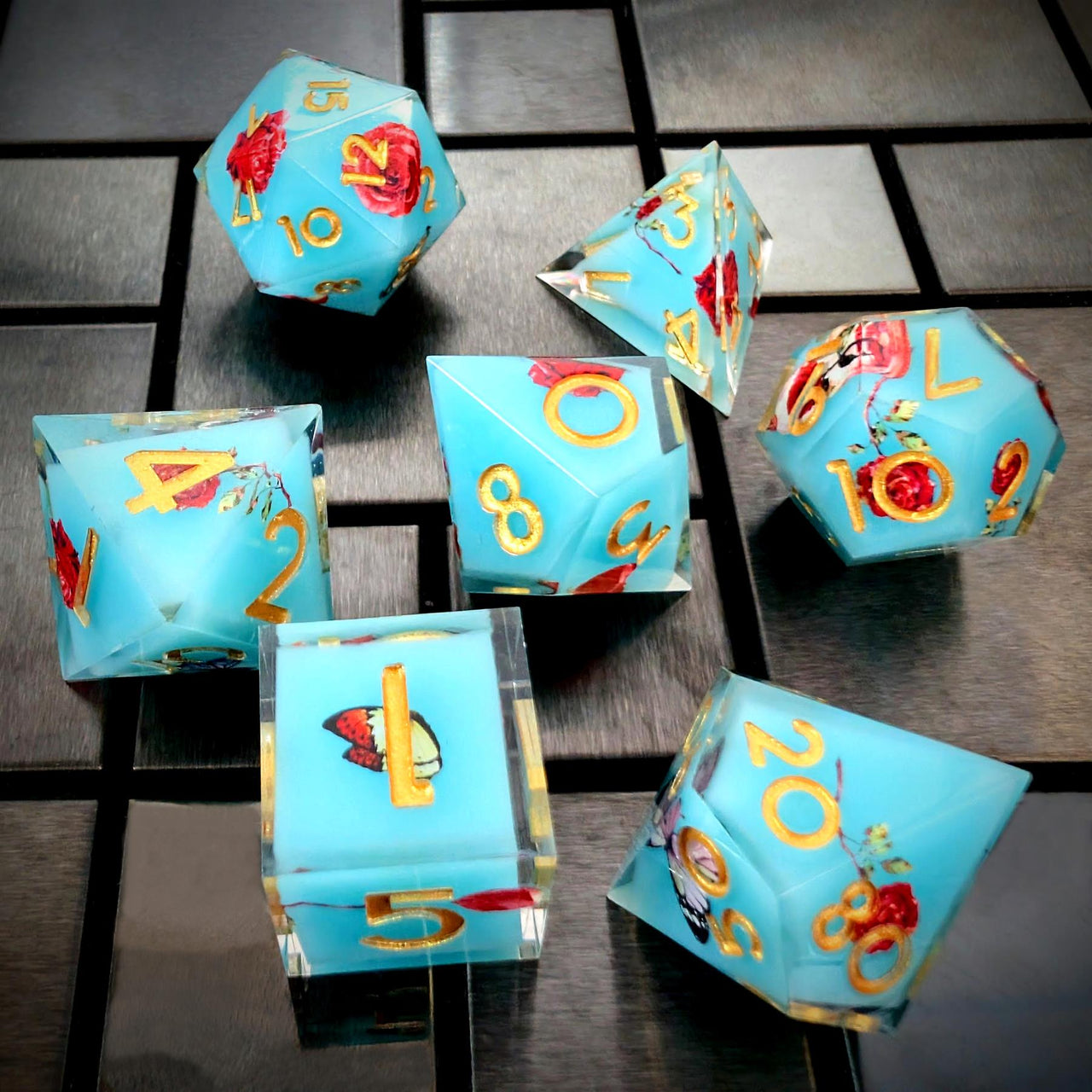 Butterfly & Flower in Blue Filled Sharp Resin - 7pcs RPG Dice Set