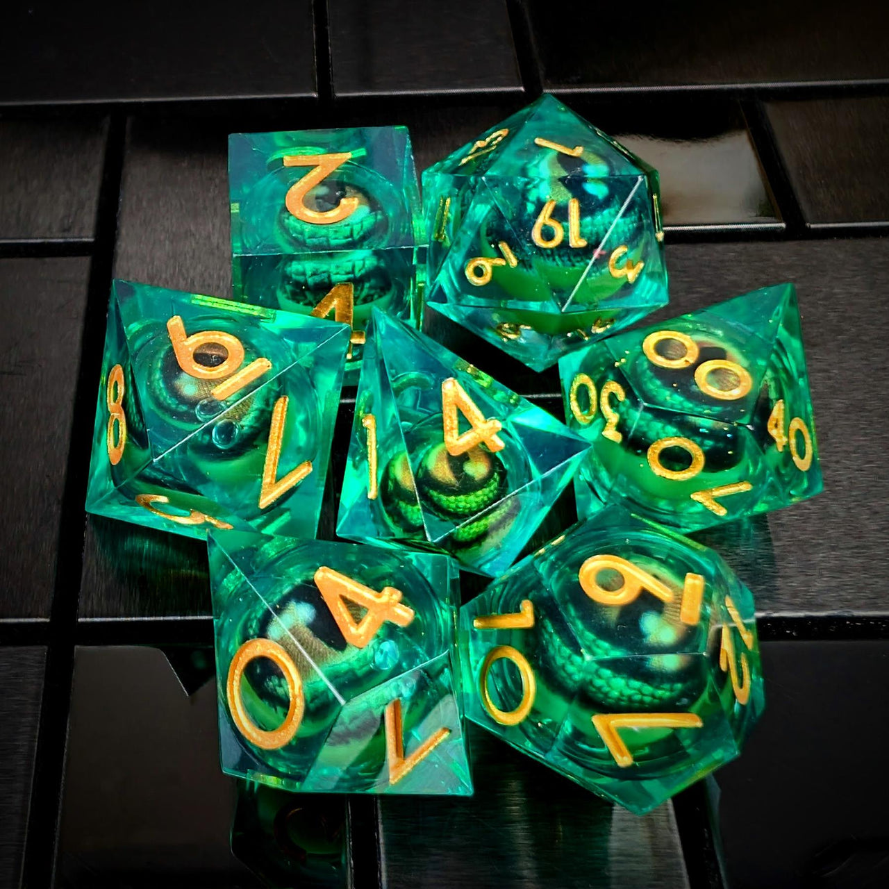 Green Dragon Eye Ball in Clear & Green Filled Sharp Resin - 7pcs RPG Dice Set