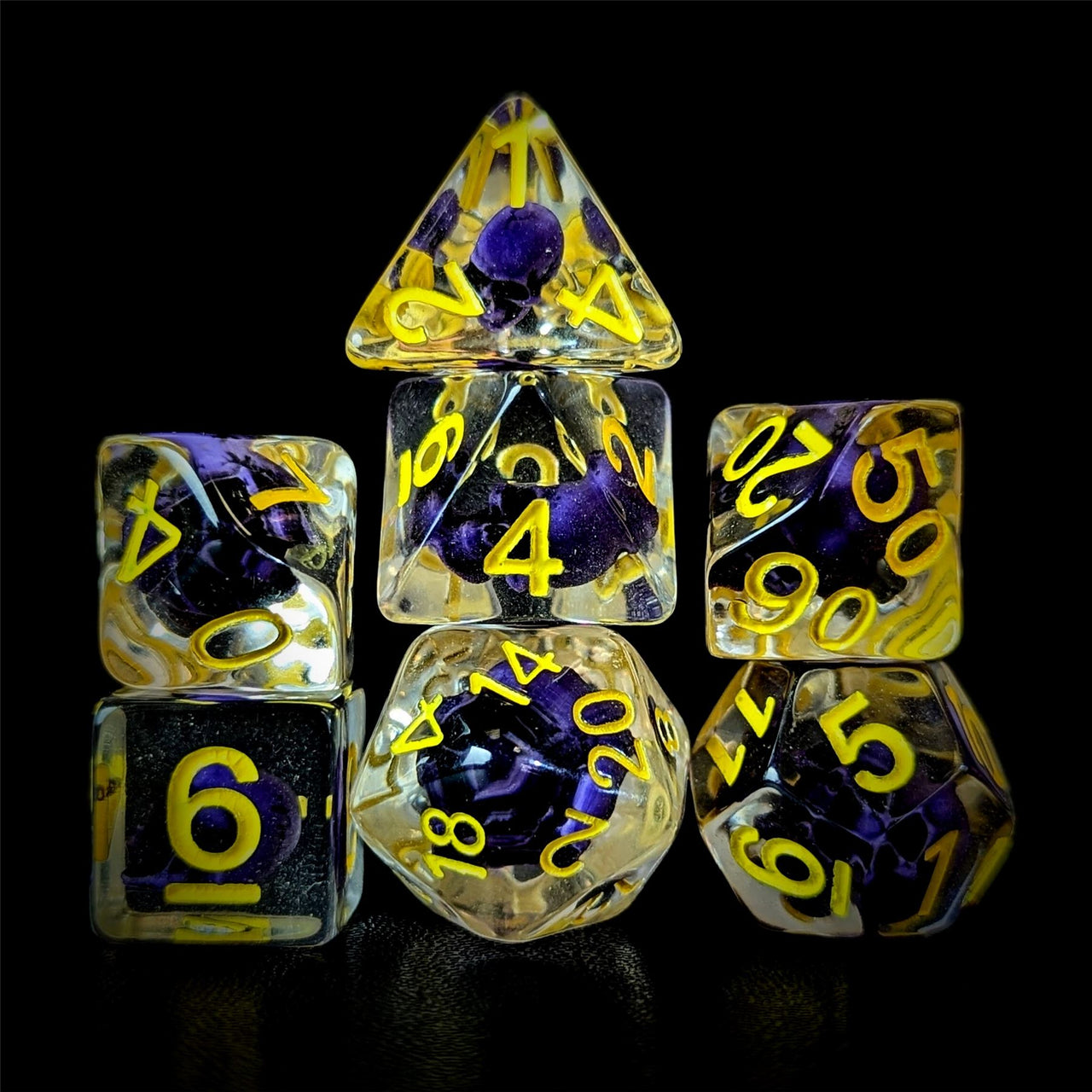 Purple Skull in Clear Resin - 7pcs RPG Full Dice Set