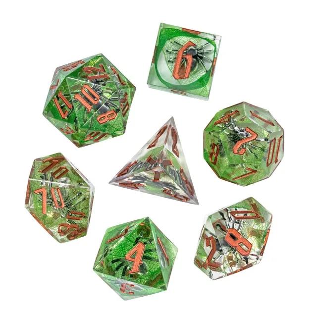 Spider in Clear & Green Filled Sharp Resin - 7pcs RPG Dice Set