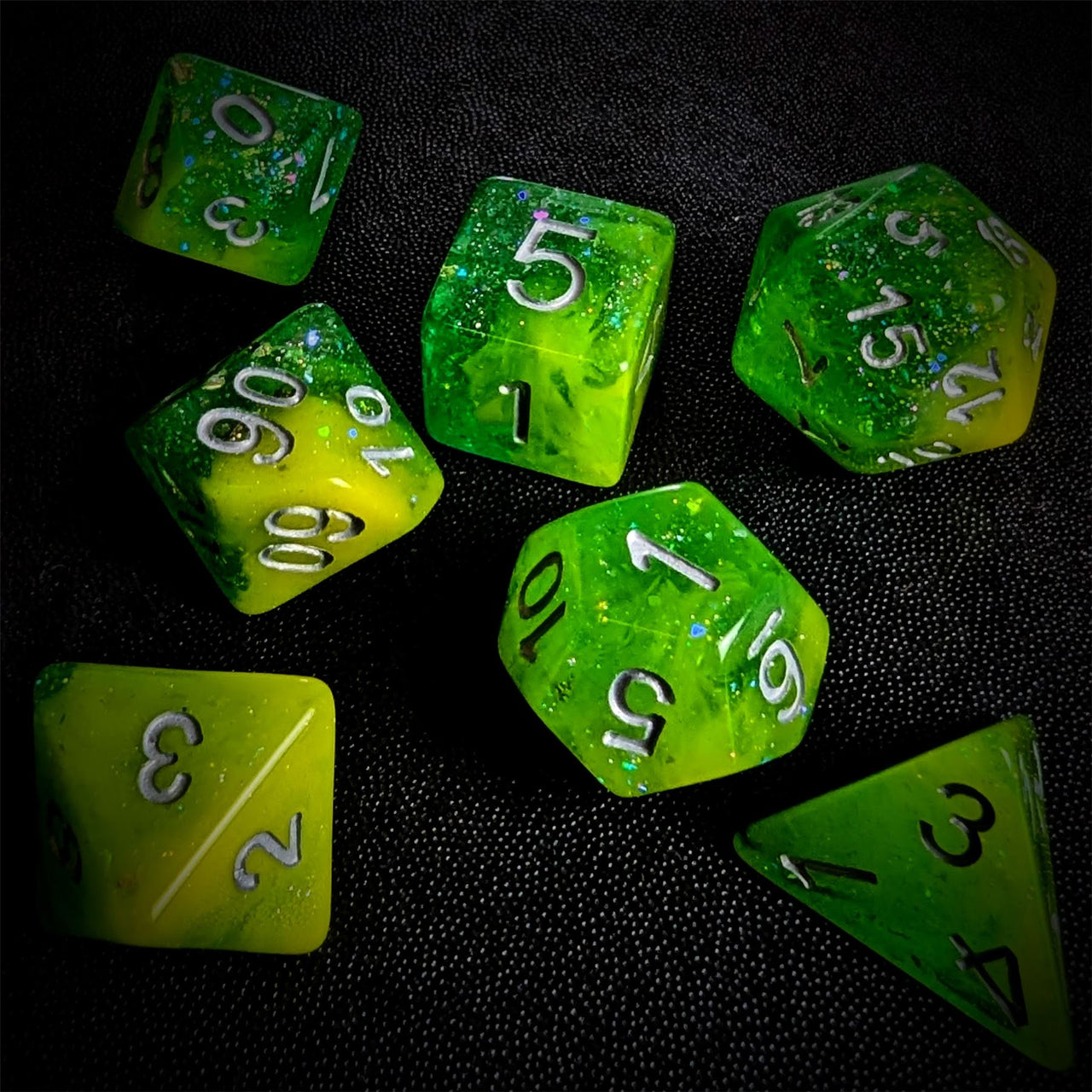 Glitter in Yellow & Green Resin - 7pcs RPG Full Dice Set