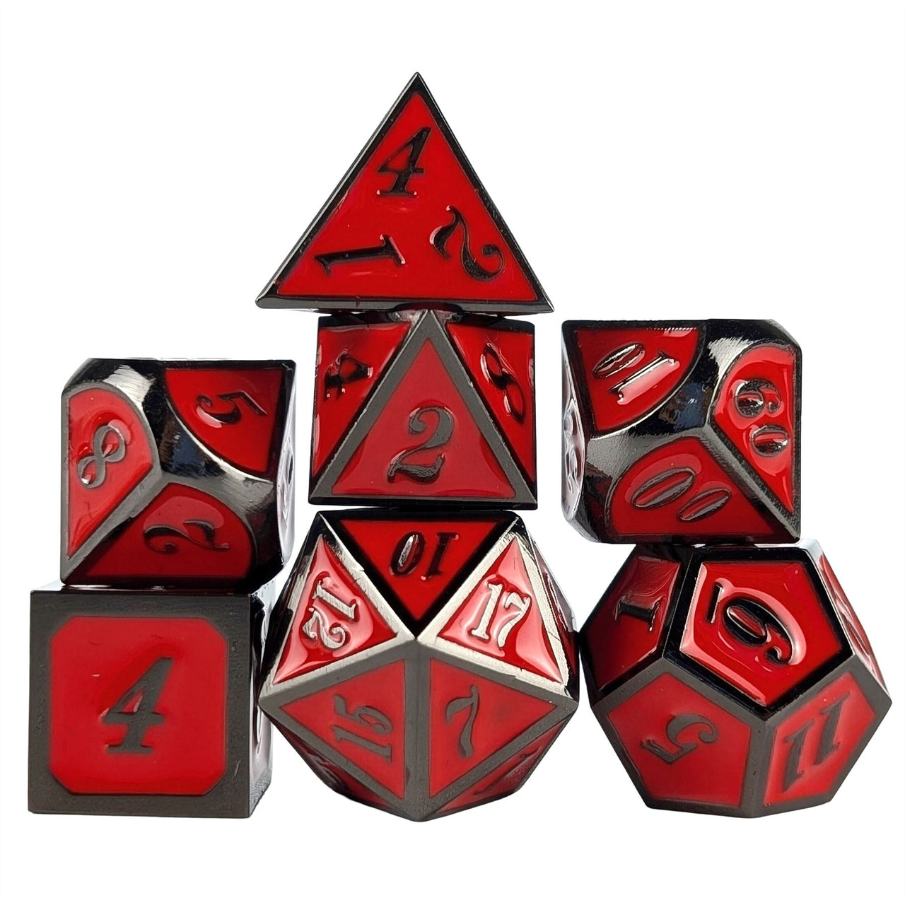 Red Enamel in Black Metal - 7pcs RPG Dice Set