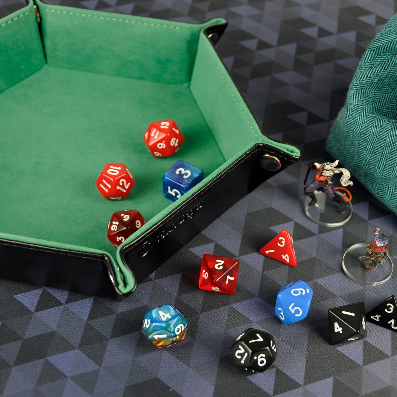 Sea Green Velvet & Black PU Leather - Hexagon Soft Dice Tray