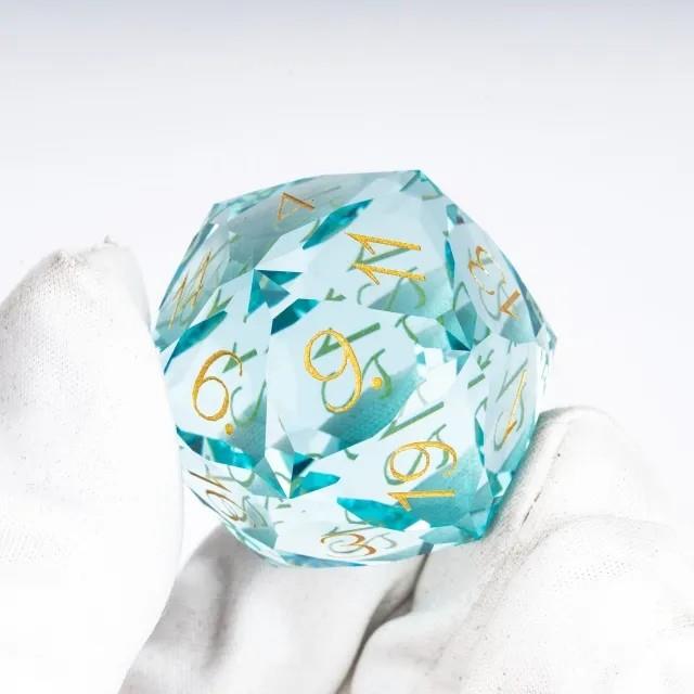 D20 30mm Dice Gem Glass Facet Gold Font Light Blue
