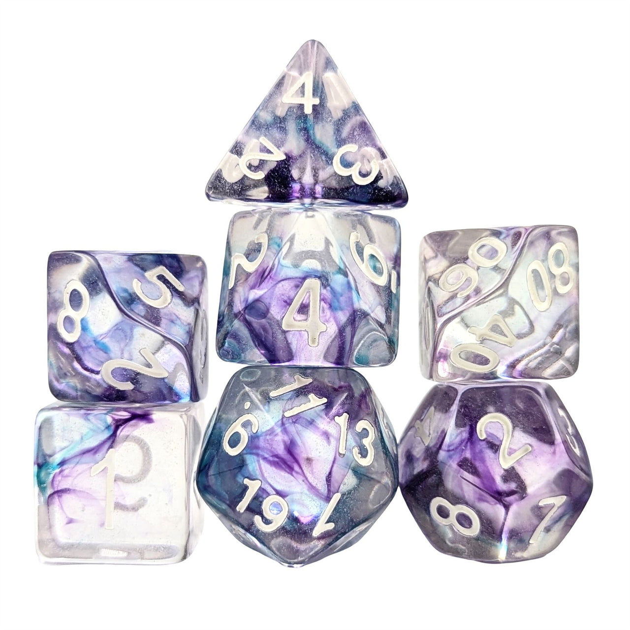 Purple & Blue Swirl in Clear Resin - 7pcs RPG Full Dice Set