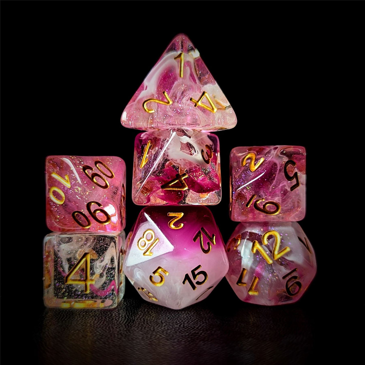 Pink & White Swirl in Clear Resin - 7pcs RPG Full Dice Set