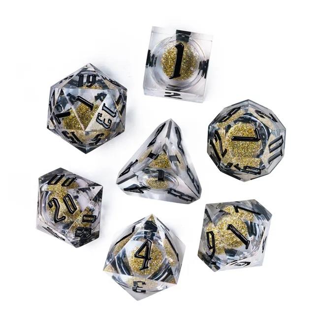 Gold Glitter in Clear Liquid Filled Sharp Resin - 7pcs RPG Dice Set