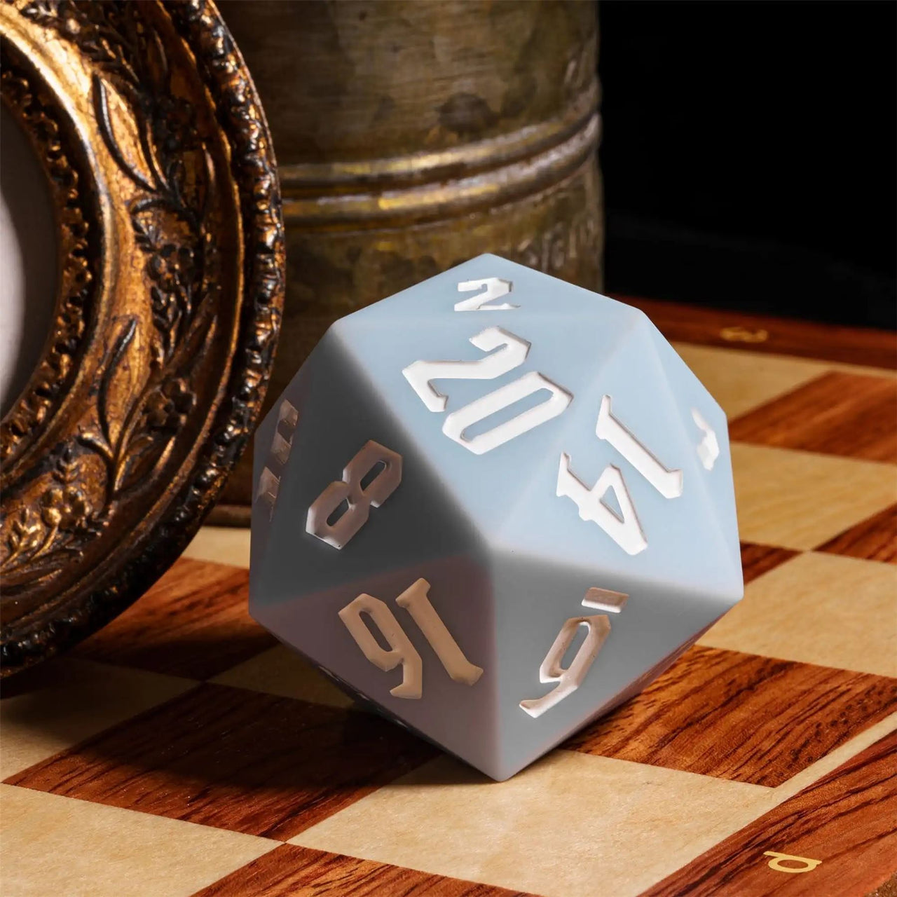 D20 55mm Dice Silicone Solid White Font Pale Blue