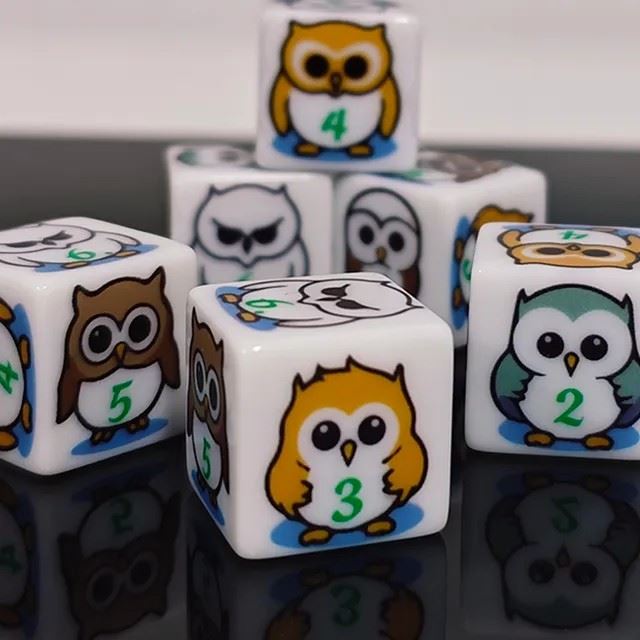 16mm White Owl Acrylic  - 6pcs D6 RPG Dice Set