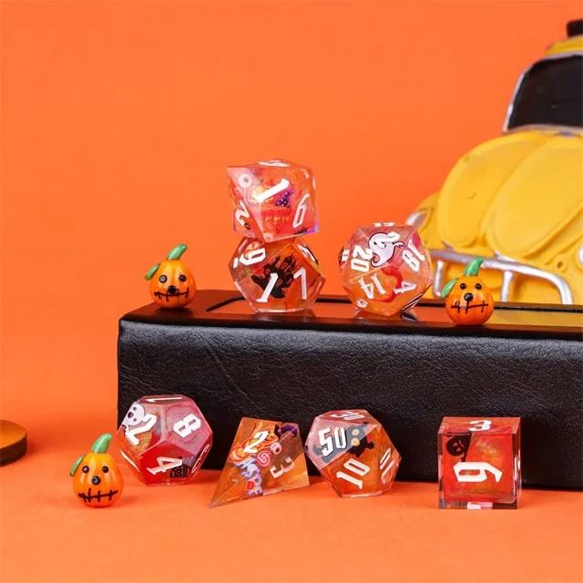 Halloween Ghosts in Orange Filled Sharp Resin - 7pcs RPG Dice Set