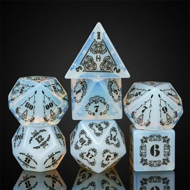 Skulls on White Opalite Gemstone - 7pcs RPG Dice Set