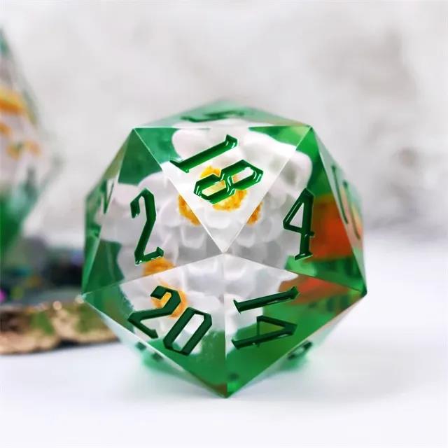 White Flower in Clear & Green Sharp Resin - D20 RPG Dice